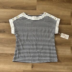 TRU Self Striped Button Shoulder Top - Size Small - Classic & Chic- NWT